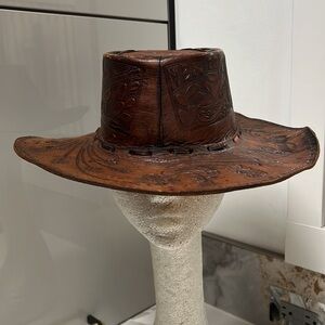 Vintage Leather Hand Tooled Hand Made Leather Western Gaucho Hat Sz 7 1/2